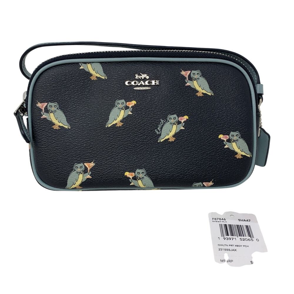 Coach Owl Toasting Martini Print Crossbody Purse Womens Black Blue Gray